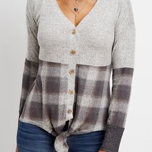 Maurices Lg top. plaid, tie front top